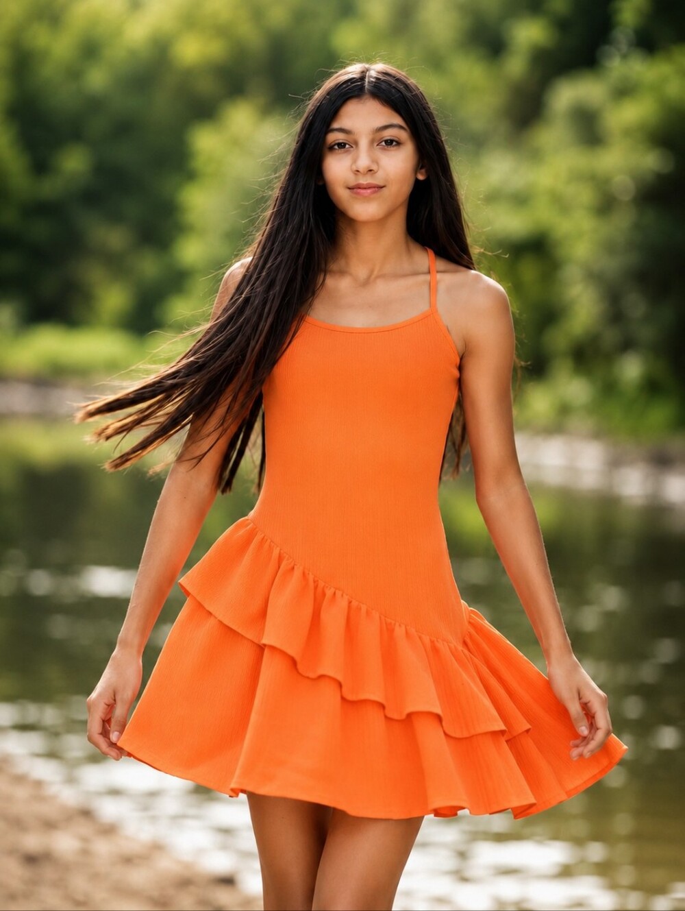 Girls' Orange Tiered Ruffle Summer Dress